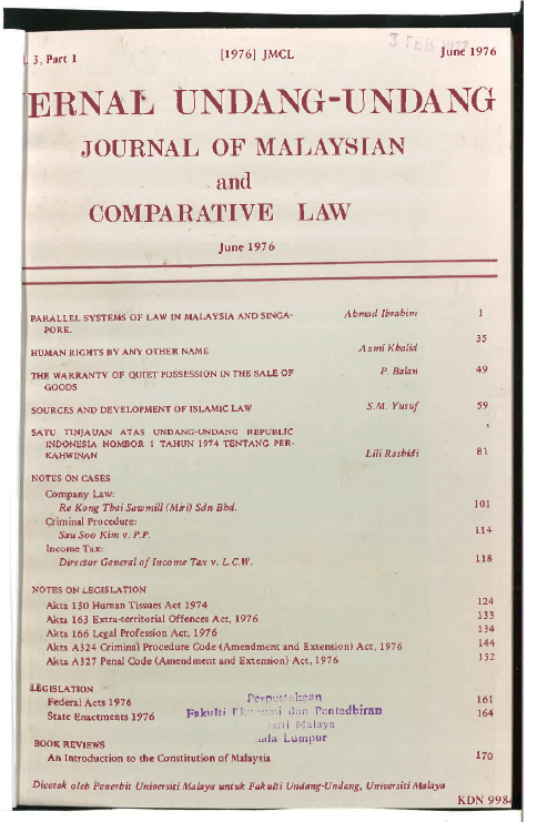 Journal of Malaysian and Comparative Law Vol 3 Part 1 1976